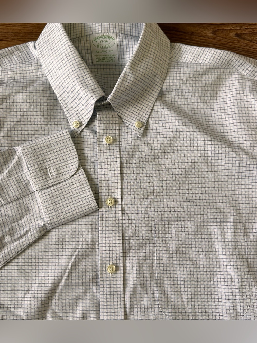 Brooks Brothers Milano Fit Dress Shirt Blue White Check 17-36 Non-Iron Supima
